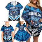 Personalised Geelong Cat Football Family Matching Off Shoulder Short Dress and Hawaiian Shirt Electric Blue Mascot Charging Cityscape