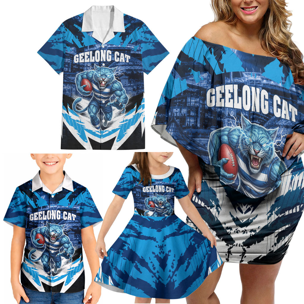 Personalised Geelong Cat Football Family Matching Off Shoulder Short Dress and Hawaiian Shirt Electric Blue Mascot Charging Cityscape