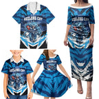 Personalised Geelong Cat Football Family Matching Puletasi and Hawaiian Shirt Electric Blue Mascot Charging Cityscape