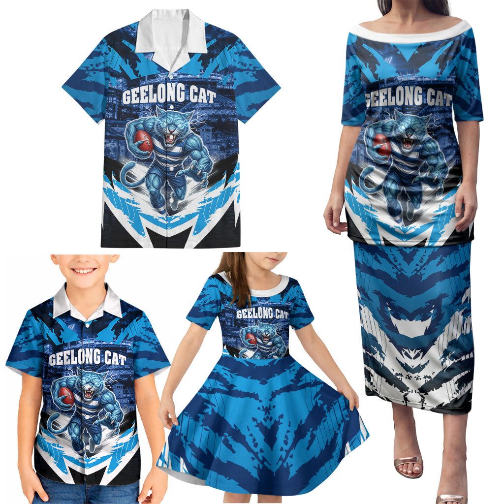 Personalised Geelong Cat Football Family Matching Puletasi and Hawaiian Shirt Electric Blue Mascot Charging Cityscape