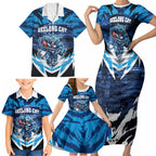 Personalised Geelong Cat Football Family Matching Short Sleeve Bodycon Dress and Hawaiian Shirt Electric Blue Mascot Charging Cityscape