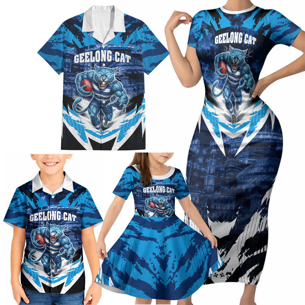 Personalised Geelong Cat Football Family Matching Short Sleeve Bodycon Dress and Hawaiian Shirt Electric Blue Mascot Charging Cityscape