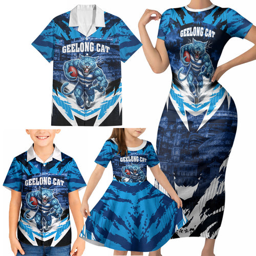 Personalised Geelong Cat Football Family Matching Short Sleeve Bodycon Dress and Hawaiian Shirt Electric Blue Mascot Charging Cityscape