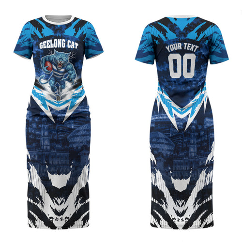 Personalised Geelong Cat Football Family Matching Short Sleeve Bodycon Dress and Hawaiian Shirt Electric Blue Mascot Charging Cityscape