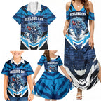 Personalised Geelong Cat Football Family Matching Summer Maxi Dress and Hawaiian Shirt Electric Blue Mascot Charging Cityscape