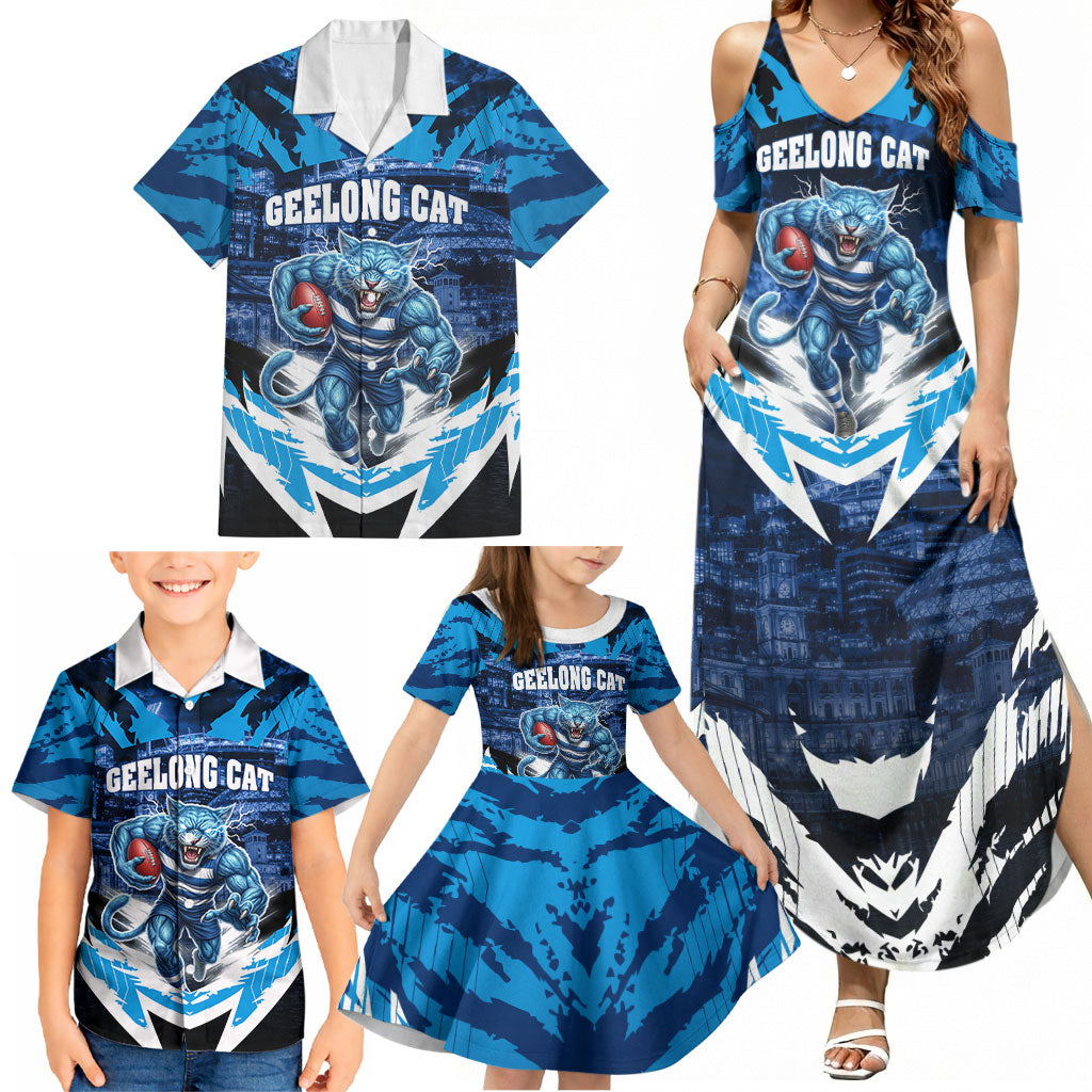 Personalised Geelong Cat Football Family Matching Summer Maxi Dress and Hawaiian Shirt Electric Blue Mascot Charging Cityscape