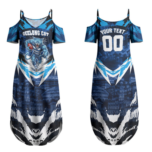 Personalised Geelong Cat Football Family Matching Summer Maxi Dress and Hawaiian Shirt Electric Blue Mascot Charging Cityscape
