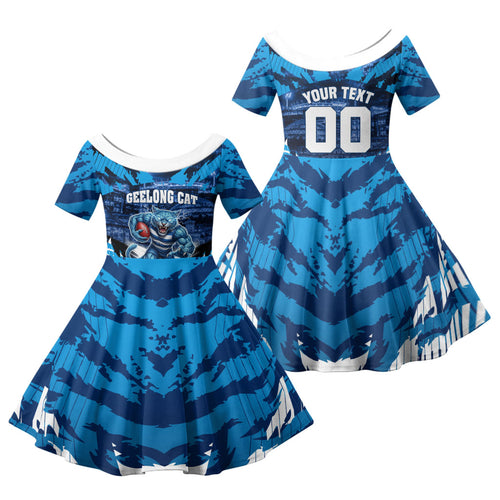 Personalised Geelong Cat Football Family Matching Summer Maxi Dress and Hawaiian Shirt Electric Blue Mascot Charging Cityscape