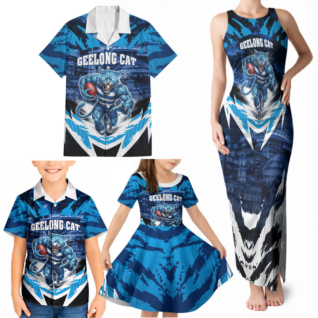 Personalised Geelong Cat Football Family Matching Tank Maxi Dress and Hawaiian Shirt Electric Blue Mascot Charging Cityscape