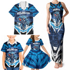 Personalised Geelong Cat Football Family Matching Tank Maxi Dress and Hawaiian Shirt Electric Blue Mascot Charging Cityscape