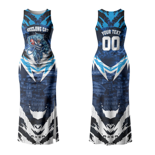 Personalised Geelong Cat Football Family Matching Tank Maxi Dress and Hawaiian Shirt Electric Blue Mascot Charging Cityscape