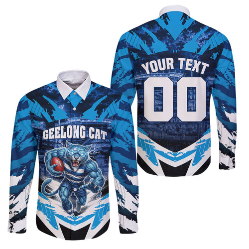 Personalised Geelong Cat Football Family Matching Tank Maxi Dress and Hawaiian Shirt Electric Blue Mascot Charging Cityscape