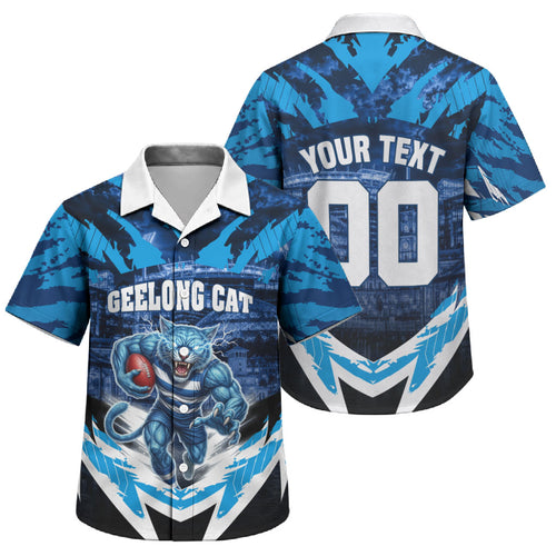 Personalised Geelong Cat Football Family Matching Tank Maxi Dress and Hawaiian Shirt Electric Blue Mascot Charging Cityscape