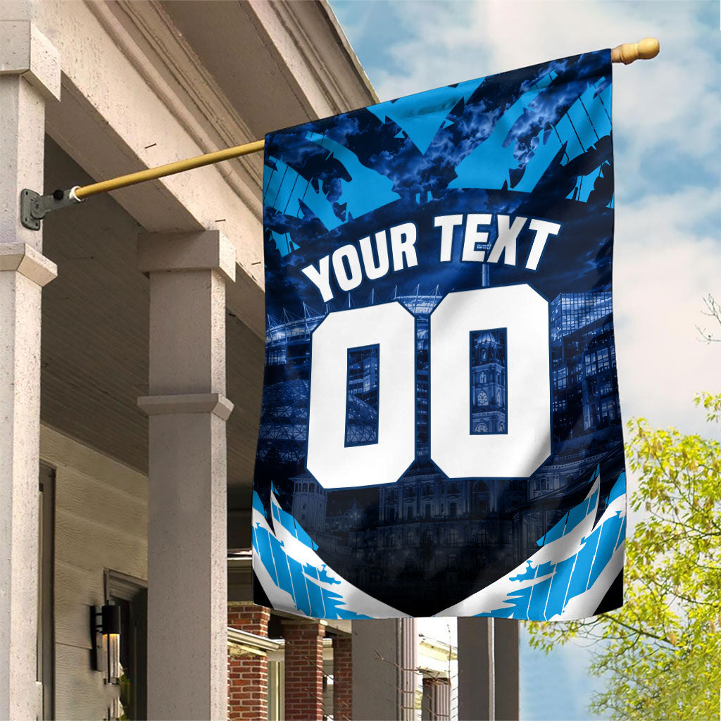 Personalised Geelong Cat Football Garden Flag Electric Blue Mascot Charging Cityscape
