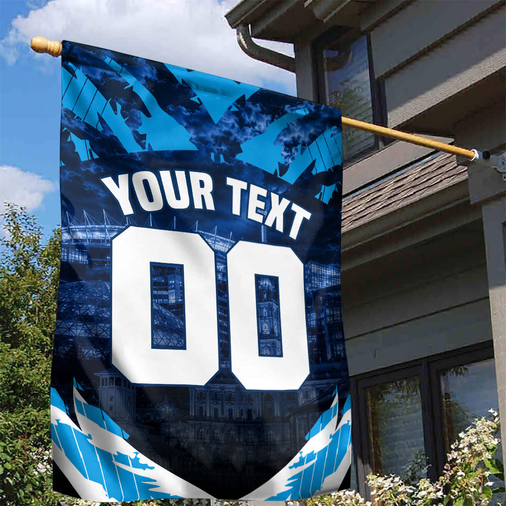Personalised Geelong Cat Football Garden Flag Electric Blue Mascot Charging Cityscape
