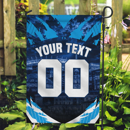 Personalised Geelong Cat Football Garden Flag Electric Blue Mascot Charging Cityscape