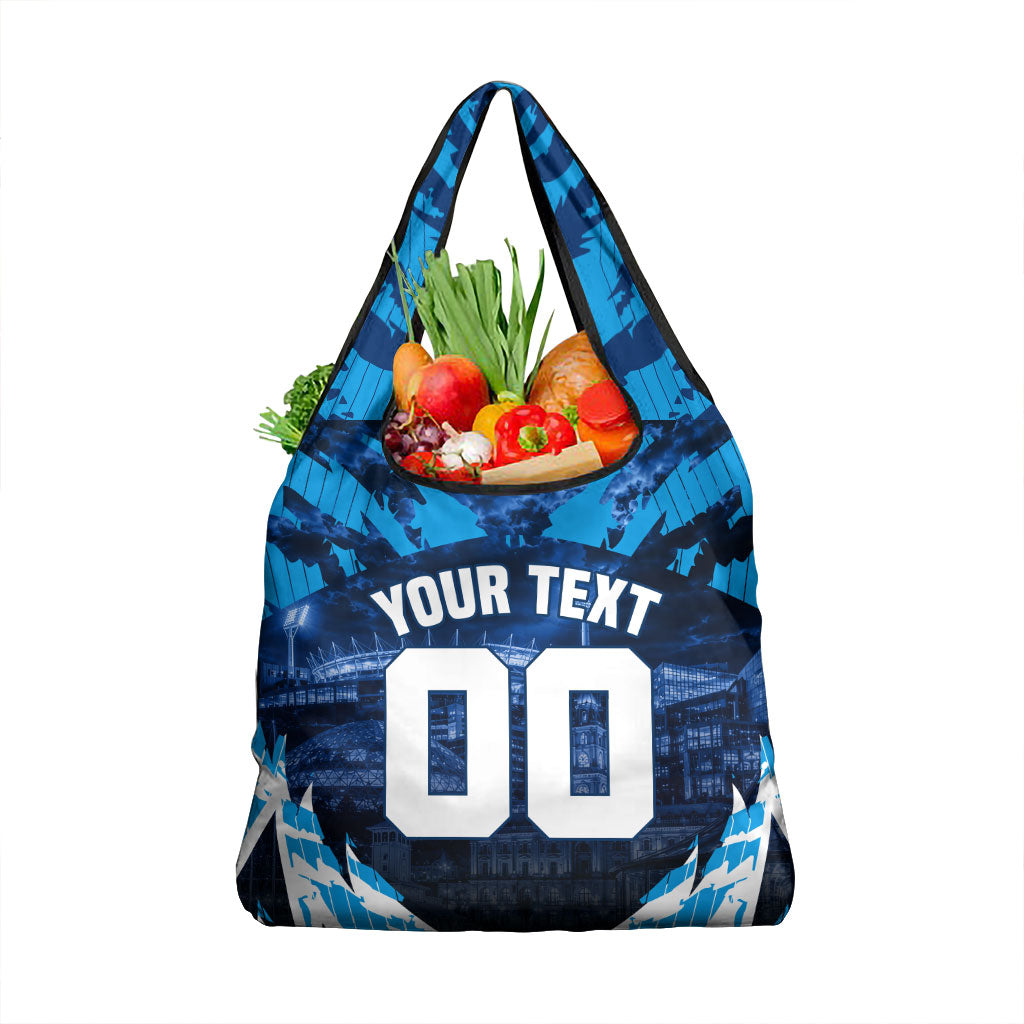 Personalised Geelong Cat Football Grocery Bag Electric Blue Mascot Charging Cityscape
