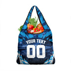 Personalised Geelong Cat Football Grocery Bag Electric Blue Mascot Charging Cityscape