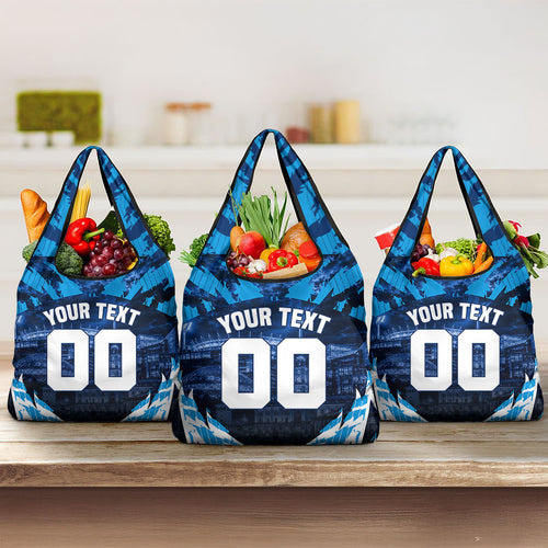 Personalised Geelong Cat Football Grocery Bag Electric Blue Mascot Charging Cityscape