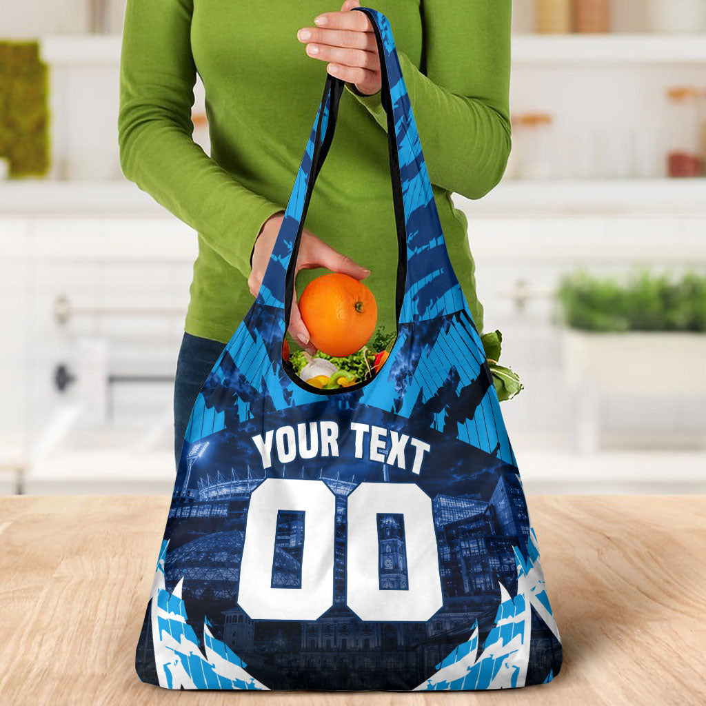 Personalised Geelong Cat Football Grocery Bag Electric Blue Mascot Charging Cityscape
