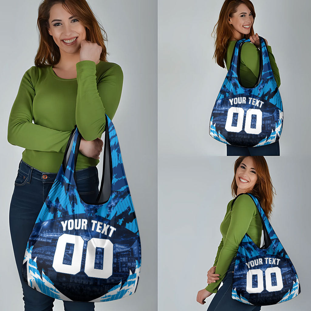 Personalised Geelong Cat Football Grocery Bag Electric Blue Mascot Charging Cityscape