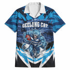 Personalised Geelong Cat Football Hawaiian Shirt Electric Blue Mascot Charging Cityscape