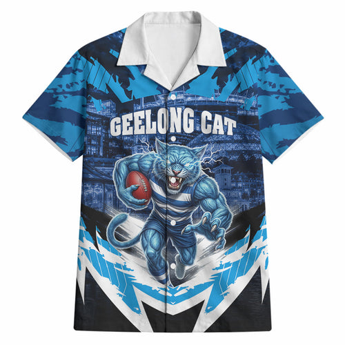 Personalised Geelong Cat Football Hawaiian Shirt Electric Blue Mascot Charging Cityscape