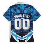 Personalised Geelong Cat Football Hawaiian Shirt Electric Blue Mascot Charging Cityscape
