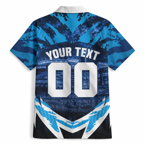 Personalised Geelong Cat Football Hawaiian Shirt Electric Blue Mascot Charging Cityscape