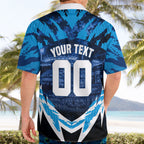 Personalised Geelong Cat Football Hawaiian Shirt Electric Blue Mascot Charging Cityscape