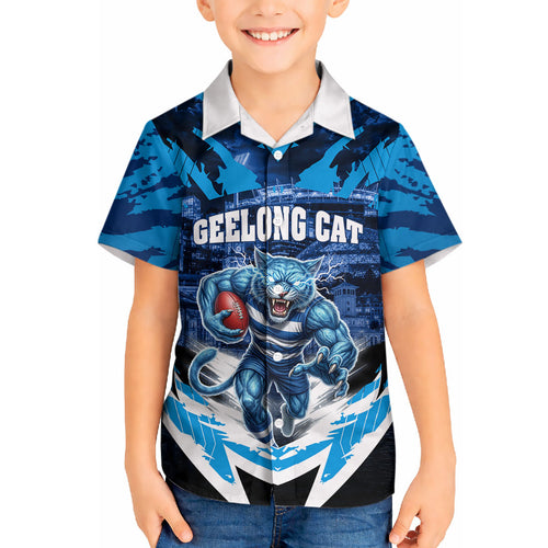 Personalised Geelong Cat Football Hawaiian Shirt Electric Blue Mascot Charging Cityscape