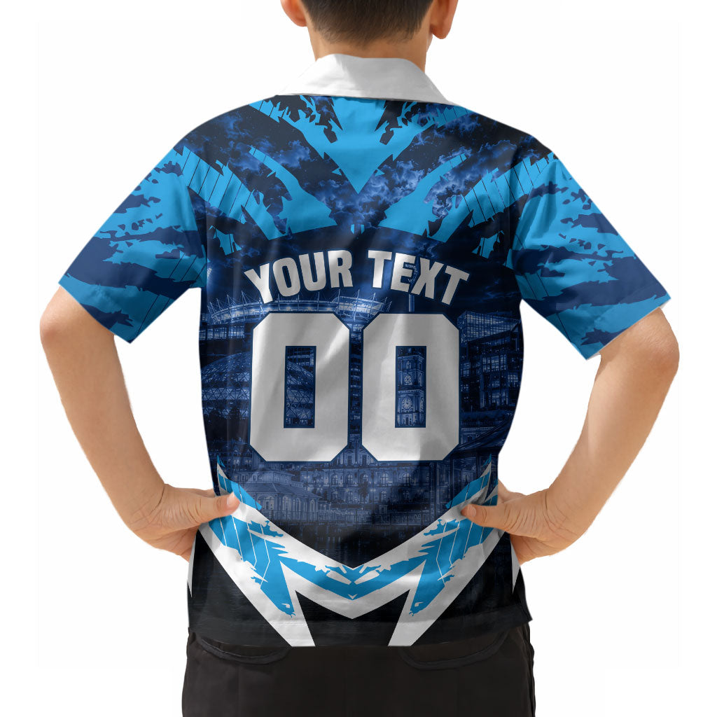 Personalised Geelong Cat Football Hawaiian Shirt Electric Blue Mascot Charging Cityscape