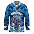 Personalised Geelong Cat Football Hockey Jersey Electric Blue Mascot Charging Cityscape
