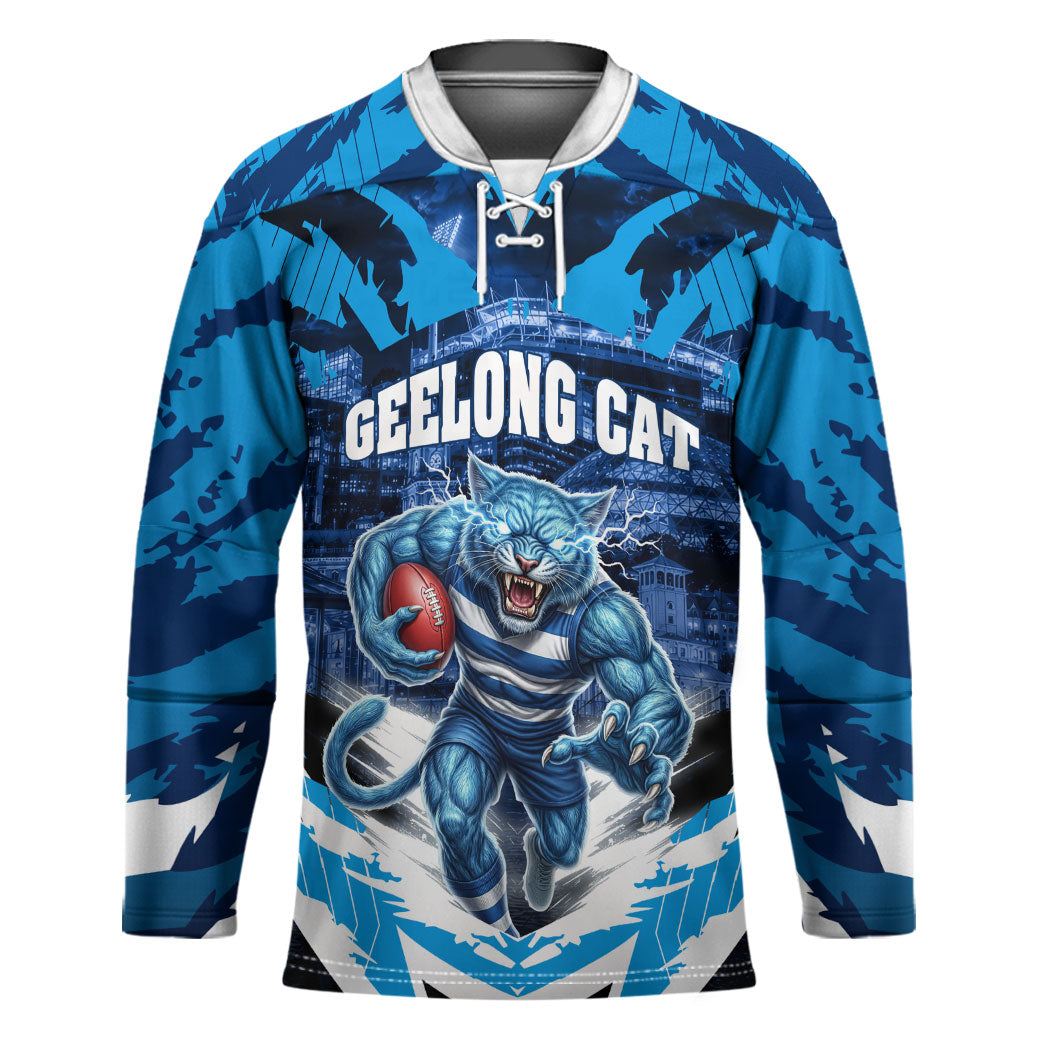 Personalised Geelong Cat Football Hockey Jersey Electric Blue Mascot Charging Cityscape