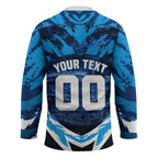 Personalised Geelong Cat Football Hockey Jersey Electric Blue Mascot Charging Cityscape