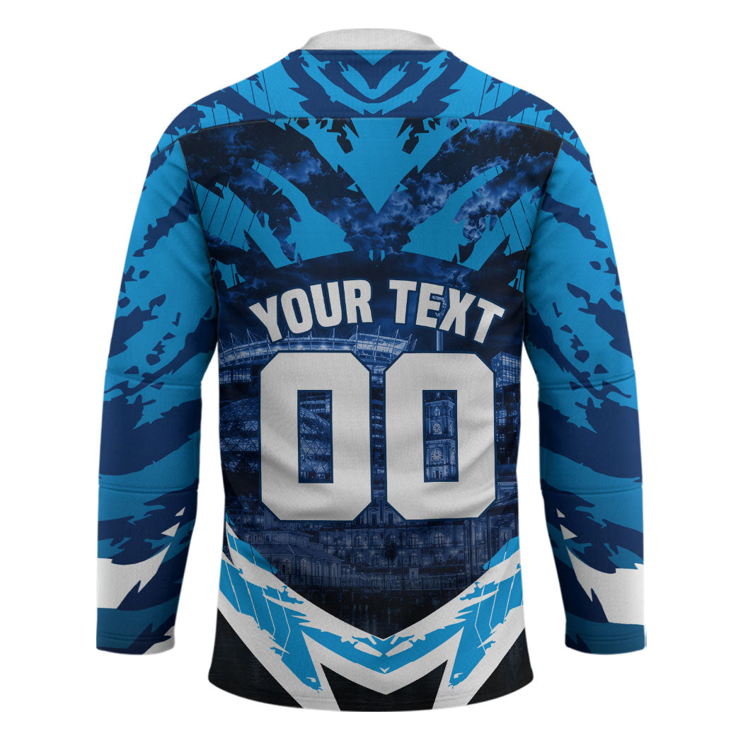 Personalised Geelong Cat Football Hockey Jersey Electric Blue Mascot Charging Cityscape