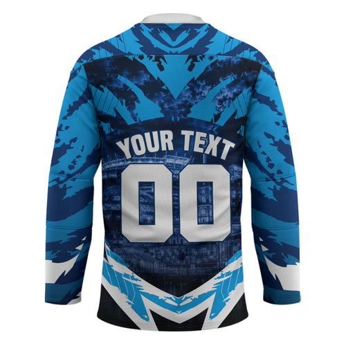 Personalised Geelong Cat Football Hockey Jersey Electric Blue Mascot Charging Cityscape