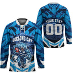 Personalised Geelong Cat Football Hockey Jersey Electric Blue Mascot Charging Cityscape