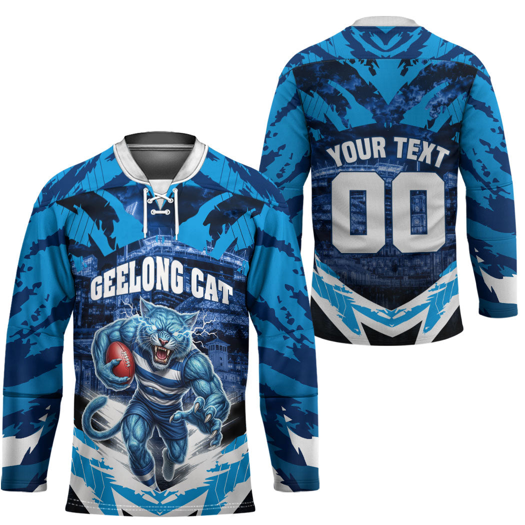 Personalised Geelong Cat Football Hockey Jersey Electric Blue Mascot Charging Cityscape