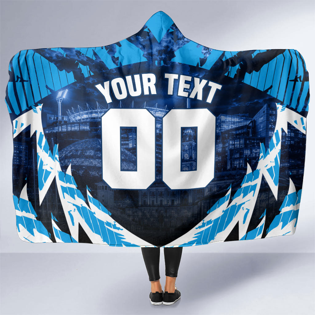 Personalised Geelong Cat Football Hooded Blanket Electric Blue Mascot Charging Cityscape