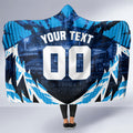 Personalised Geelong Cat Football Hooded Blanket Electric Blue Mascot Charging Cityscape