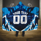 Personalised Geelong Cat Football Hooded Blanket Electric Blue Mascot Charging Cityscape