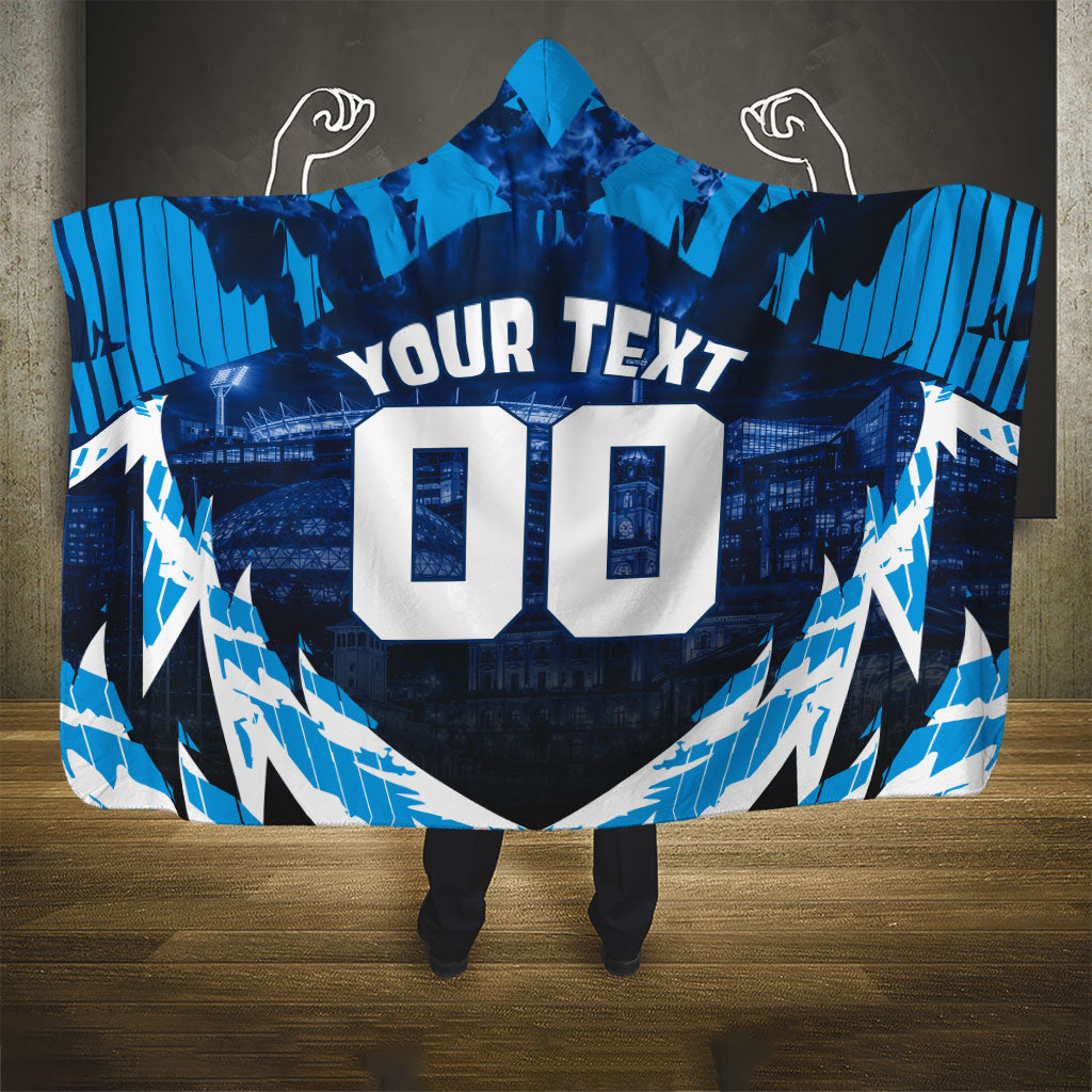 Personalised Geelong Cat Football Hooded Blanket Electric Blue Mascot Charging Cityscape