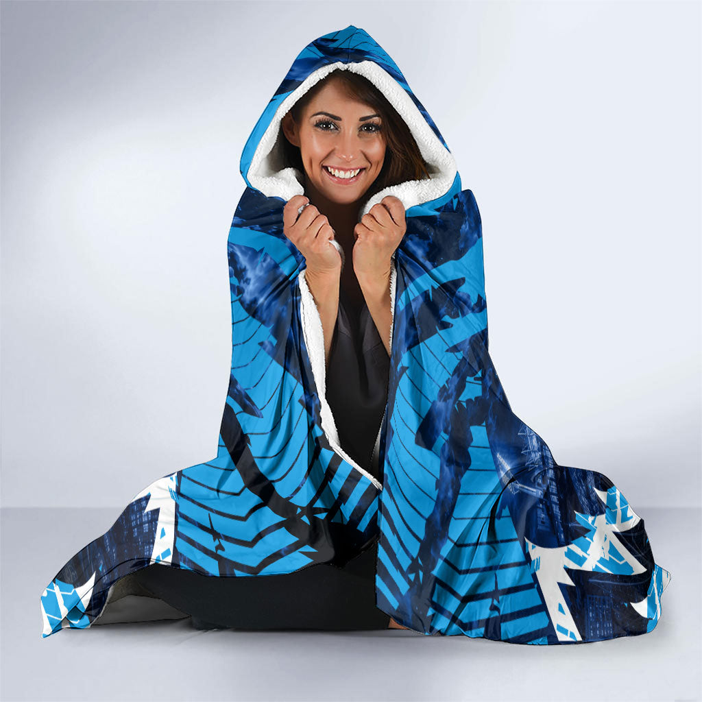 Personalised Geelong Cat Football Hooded Blanket Electric Blue Mascot Charging Cityscape