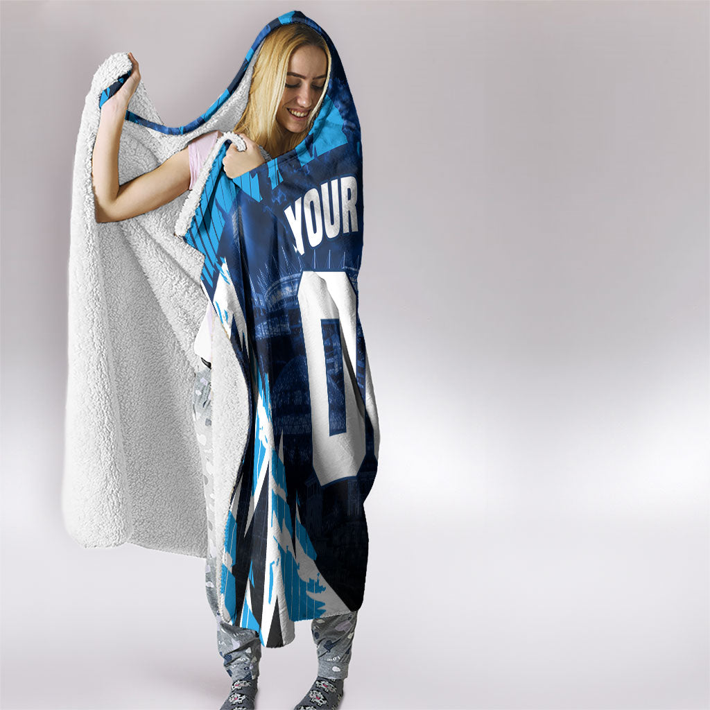 Personalised Geelong Cat Football Hooded Blanket Electric Blue Mascot Charging Cityscape