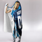Personalised Geelong Cat Football Hooded Blanket Electric Blue Mascot Charging Cityscape