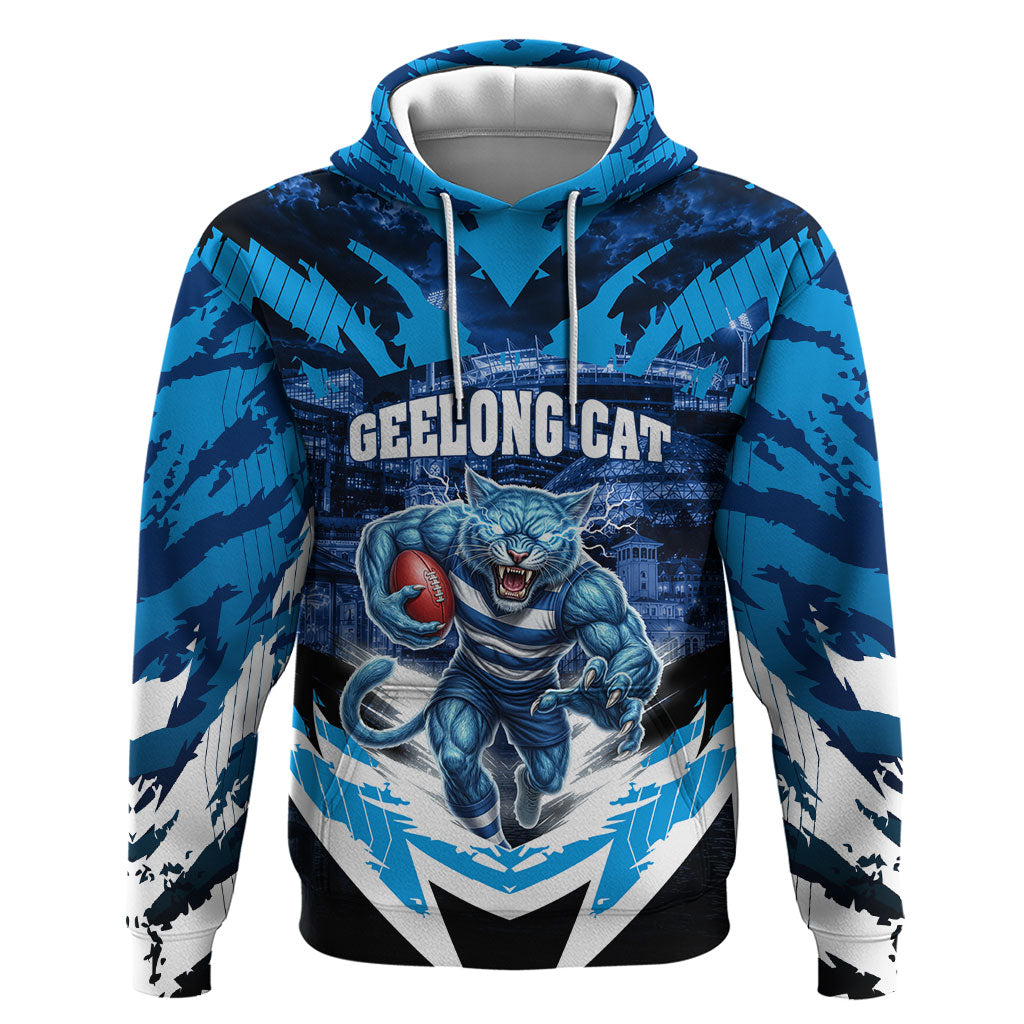 Personalised Geelong Cat Football Hoodie Electric Blue Mascot Charging Cityscape