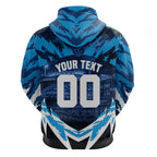 Personalised Geelong Cat Football Hoodie Electric Blue Mascot Charging Cityscape