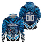 Personalised Geelong Cat Football Hoodie Electric Blue Mascot Charging Cityscape