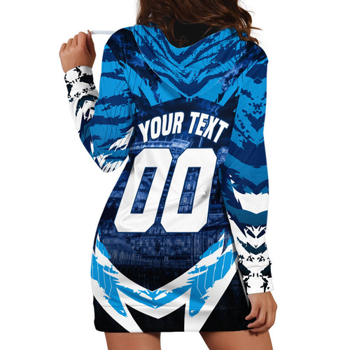 Personalised Geelong Cat Football Hoodie Dress Electric Blue Mascot Charging Cityscape
